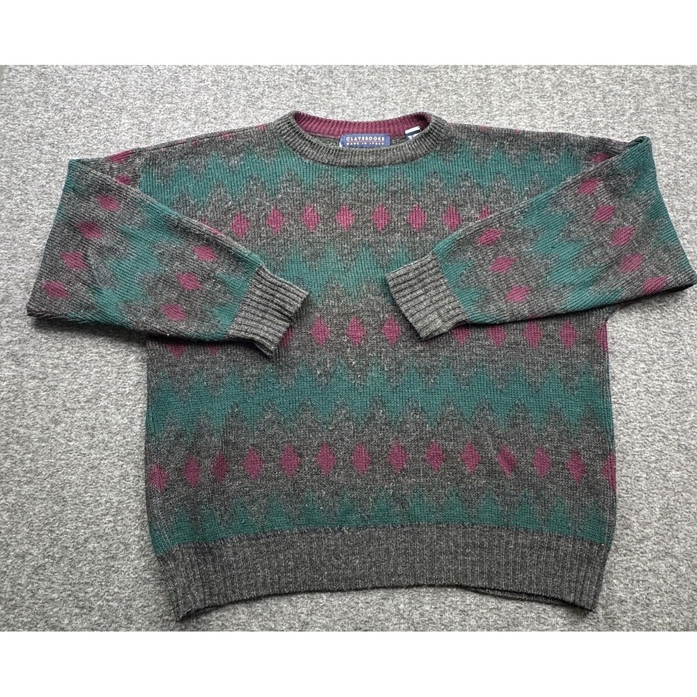 Claybrooke Sweater‎ Mens L Gray Long Sleeve Geometric Crew Neck Vtg Grandpacore